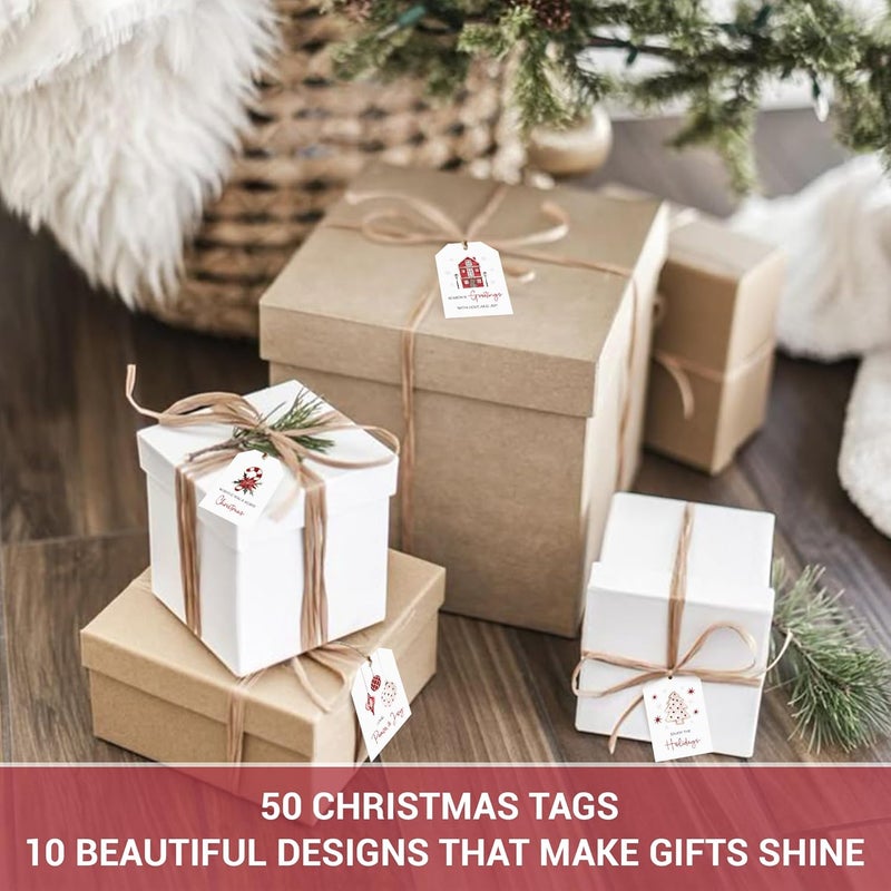 AUDREE 50 Pcs Christmas Gift Tags with String - Elegant Red & White Holiday Tags - Christmas Name Tags for Gifts - Hanging Labels Decoration Xmas Winter Holiday Present DIY Crafts - Image 4